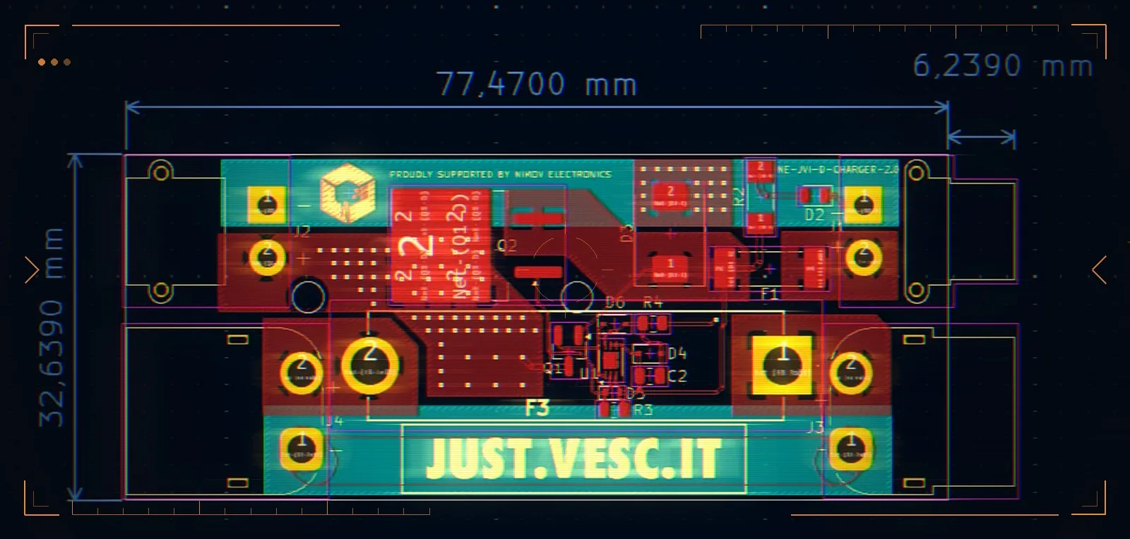 The protection board's PCB layout, dimensioned in the EDA tool